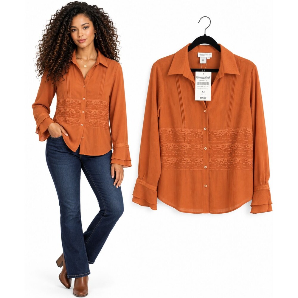 New Coldwater Creek Lace Applique Shirt Blouse Size Medium Burnt Orange